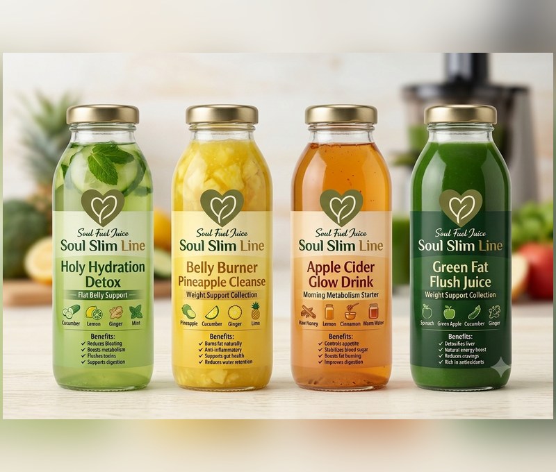 Soul Slim Line bottles: Holy Hydration Detox, Belly Burner Pineapple Cleanse, Apple Cider Glow Drink, and Green Fat Flush Juice